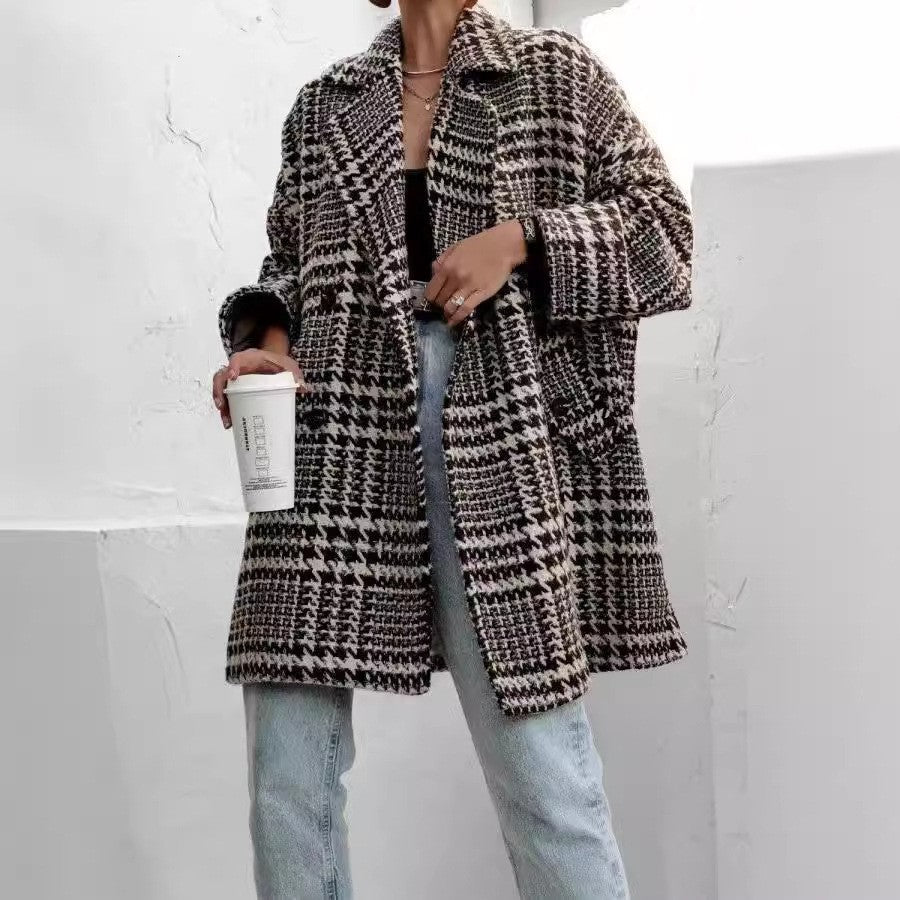 Wool Coat Plus Size Plaid Knee-Length Elegant Collar