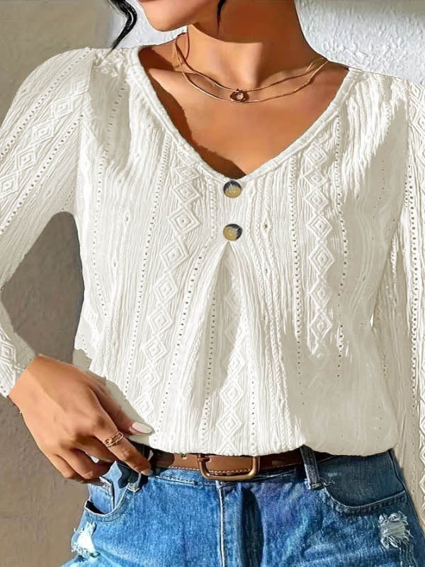 Fashionable long-sleeve top with buttons and V-neck