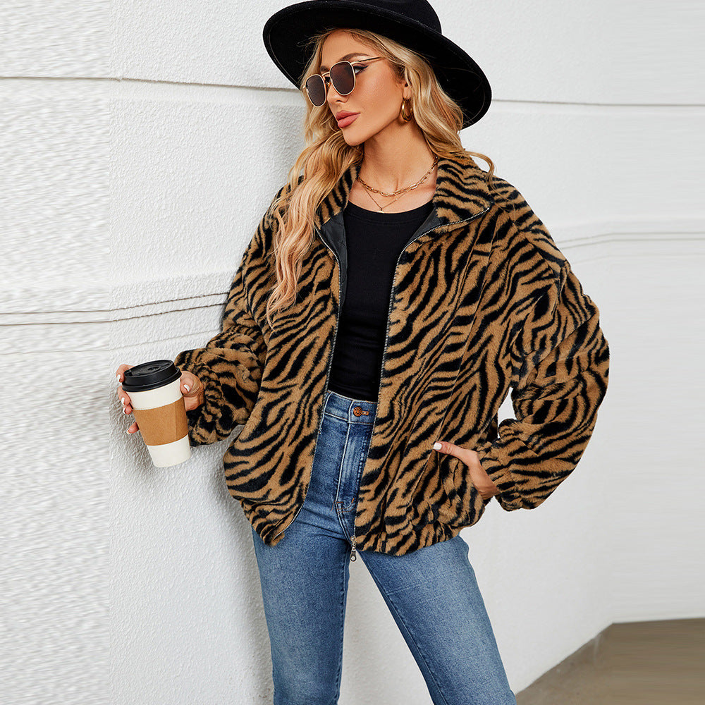 Women's Plush Jacket Zebra Pattern Stand-up Collar Trendy