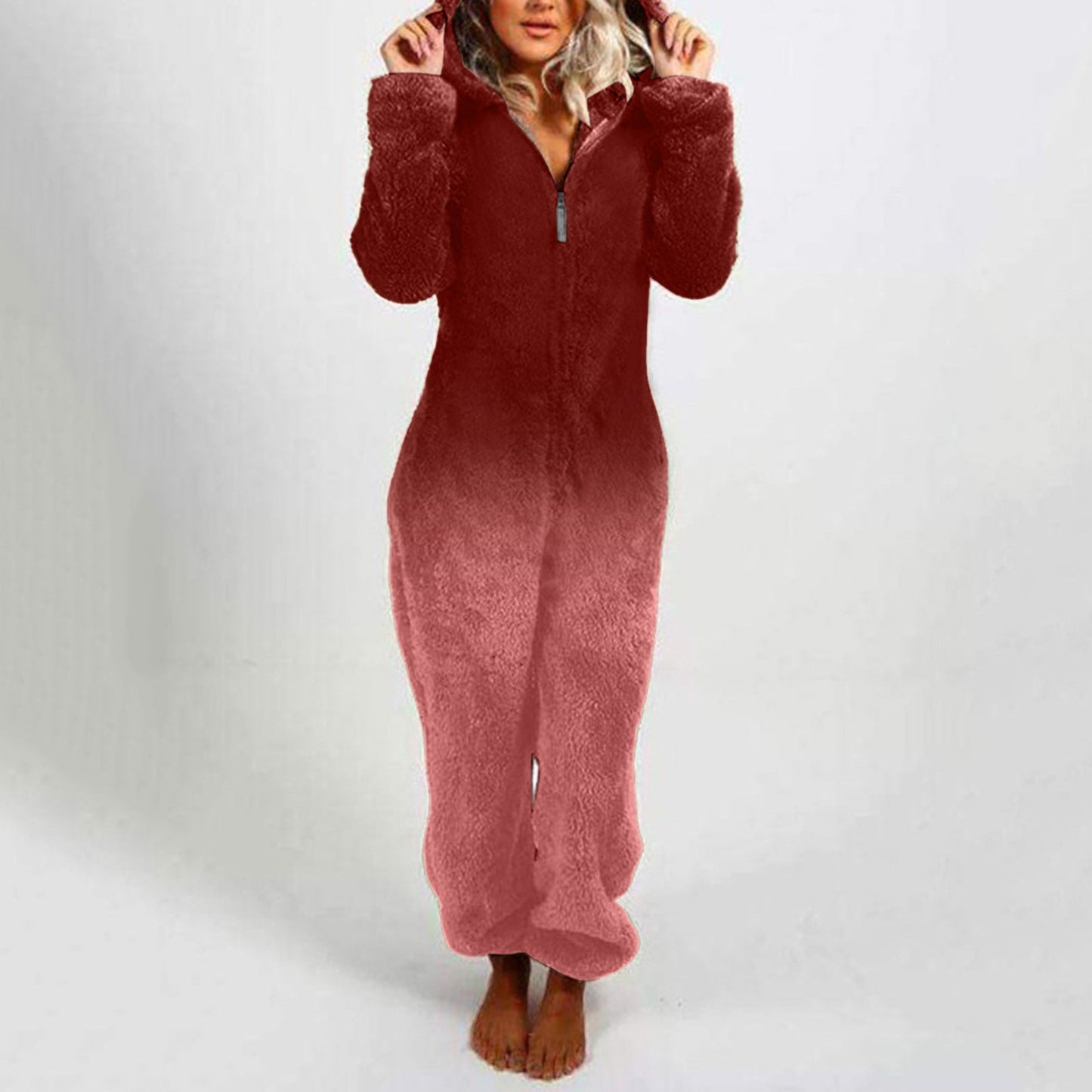Women's Gradient Fleece Jumpsuit with Hood Trendy