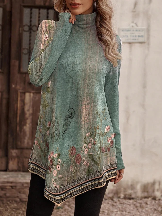 Women's Tunic Floral Pattern High Collar