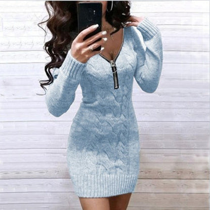 Women's Knitted Dress with Zipper Detail and Textured Pattern