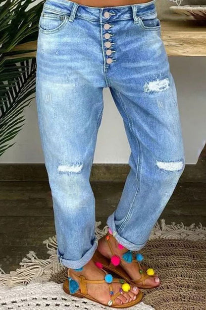 Women's Boyfriend Jeans Ripped Trendy Button Placket