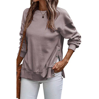 Loose Women's Sweatshirt with Side Slits and Buttons