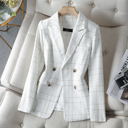Stylish Tweed-Look Double-Breasted Blazer Plaid Pattern