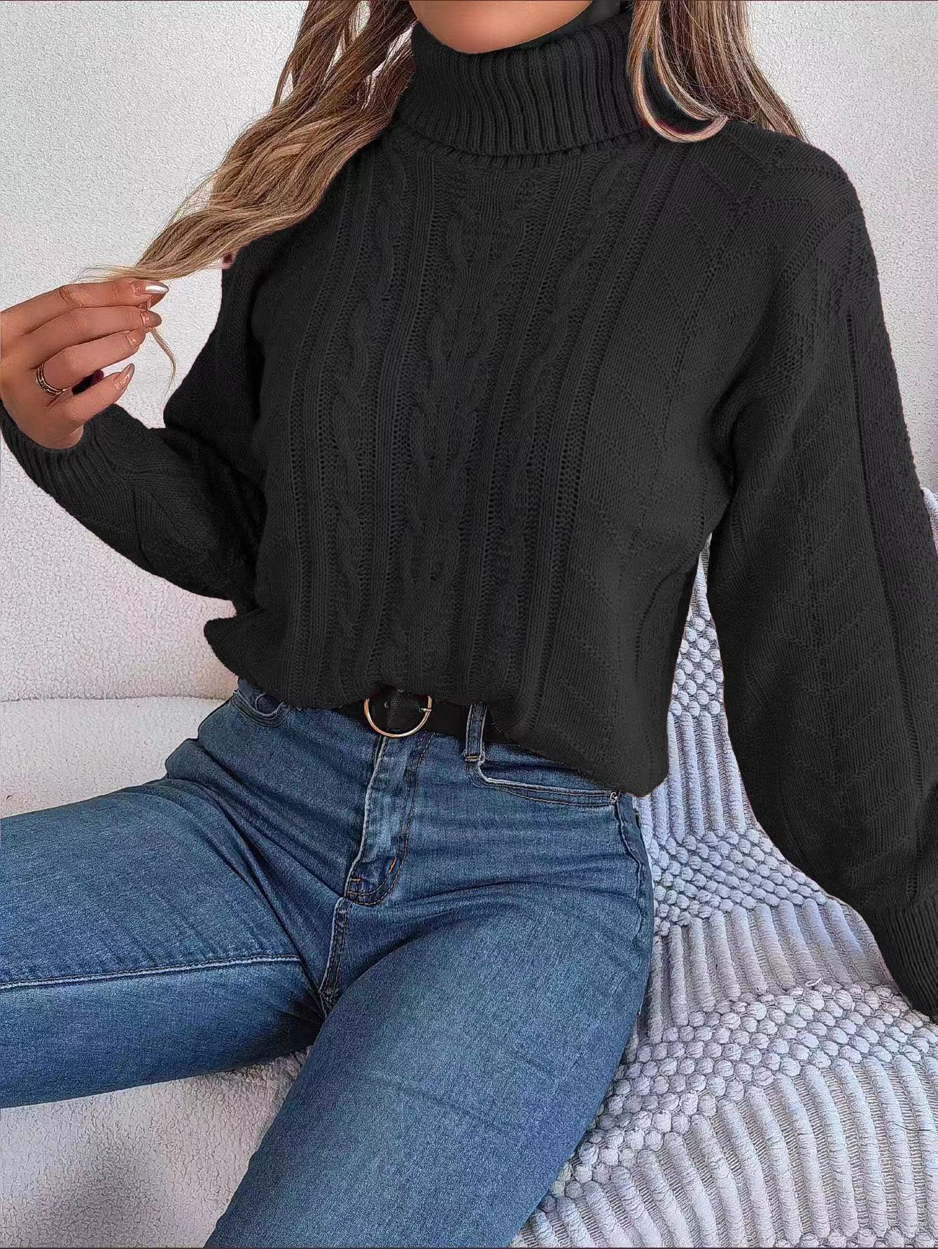 Women's Knitted Jumper Stand-up Collar Cable Pattern