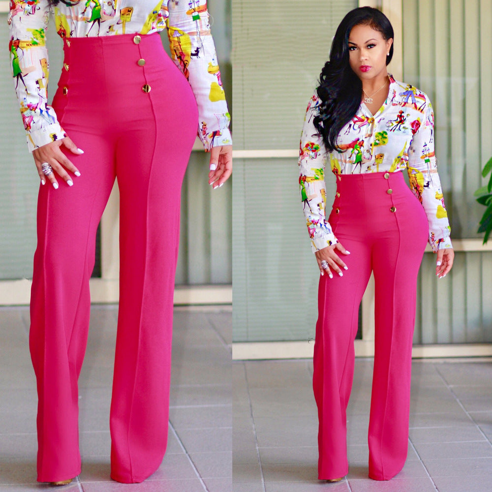 Women's Palazzo Pants High-Waisted Elegant Buttons