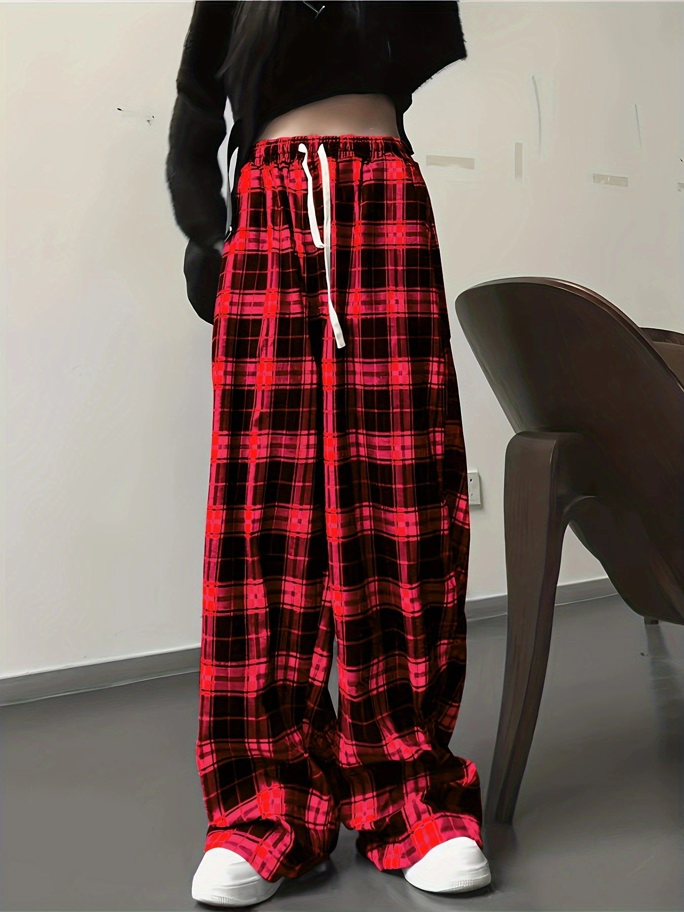 Women's Leisure Trousers Checked Elastic Comfortable