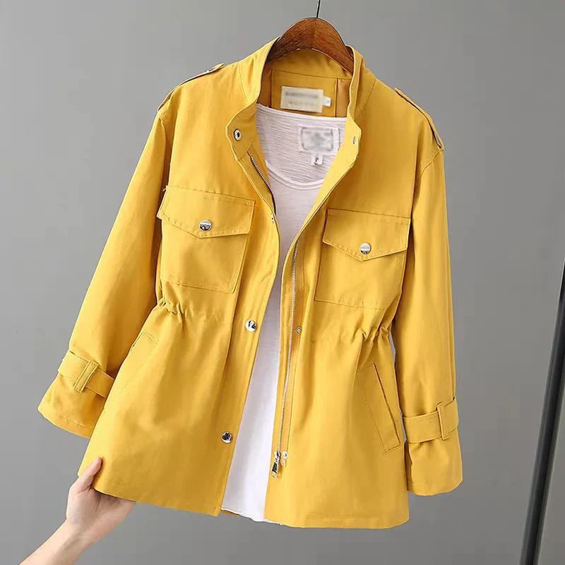 Practical outdoor jacket with waist belt and multi-purpose pockets