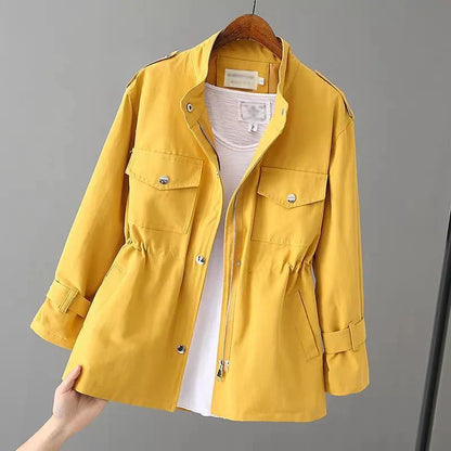 Practical outdoor jacket with waist belt and multi-purpose pockets