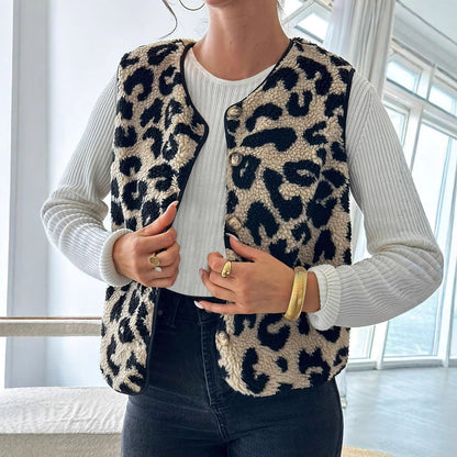 Women's Plush Vest Leopard Print Trendy Oversized