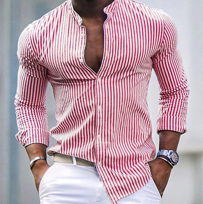 Herren Langarmhemd Modern Stehkragen Streifen Design - IdealeKleiden