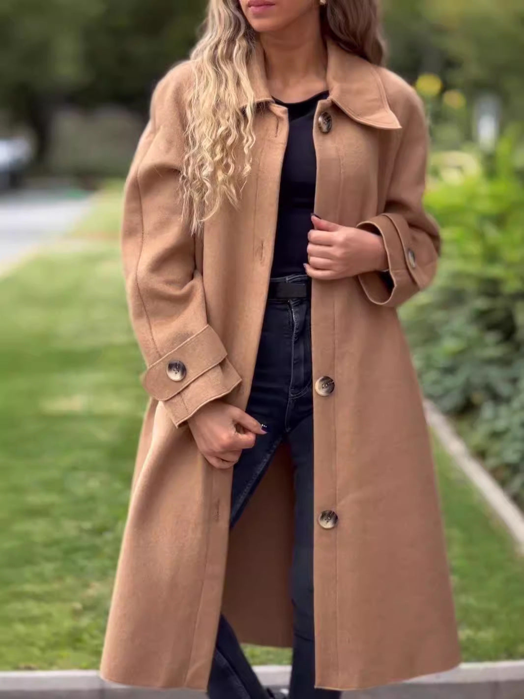 Elegant Women's Coat Long Cut Loose Fit Button Closure