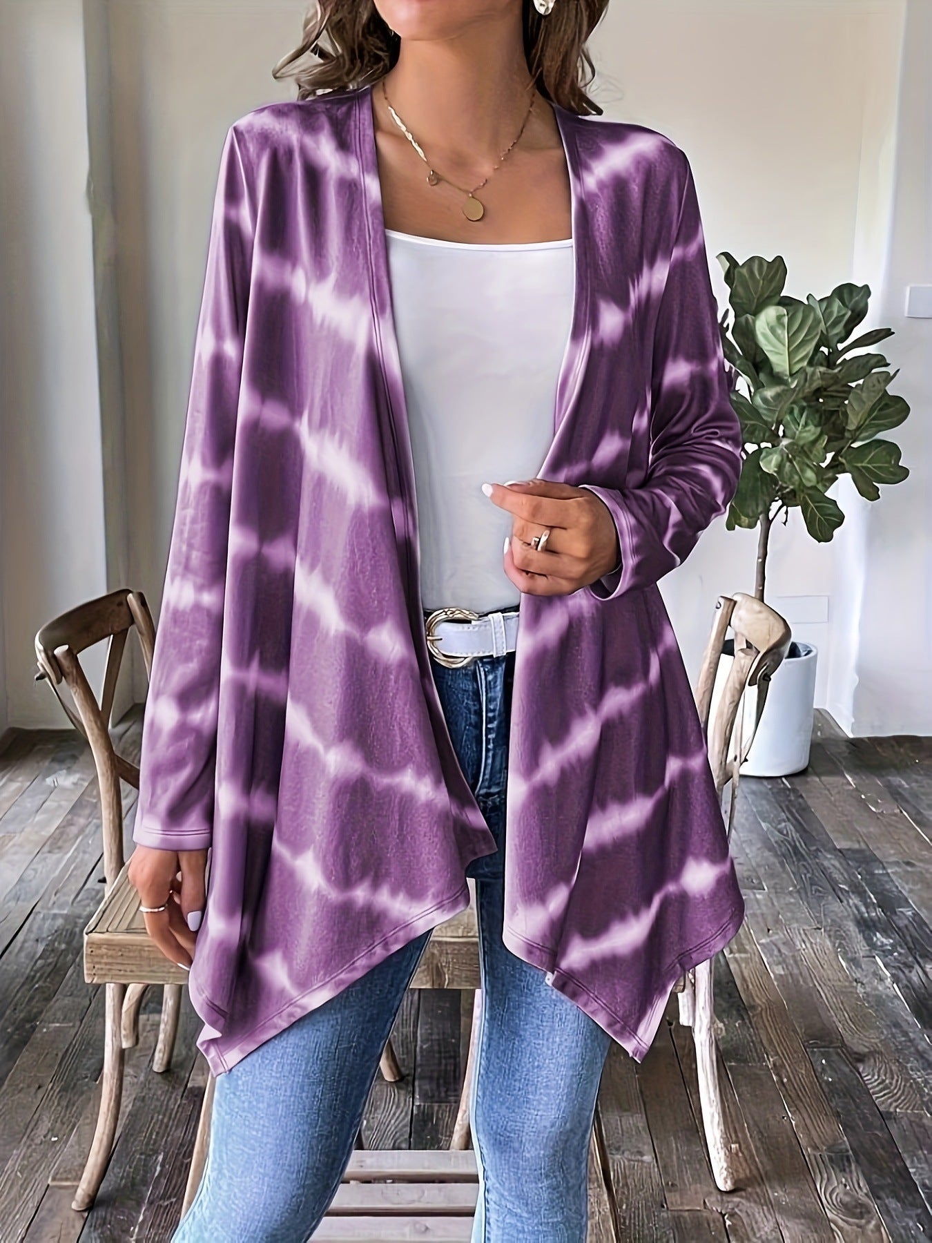 Long Cardigan Open Front Tie Dye Pattern Women