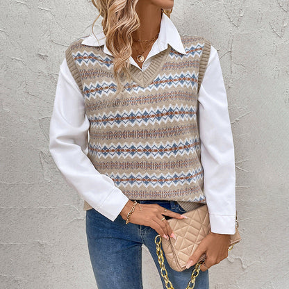 Women's V-Neck Knitted Vest Trendy Patterned