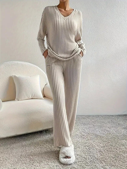 Women's Knitted Tracksuit Casual V-Neck