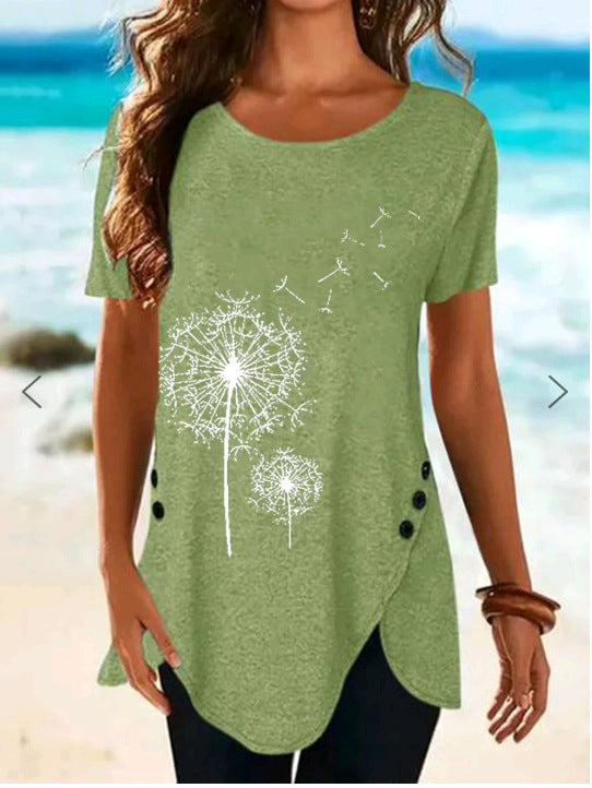 Women's Short-Sleeved Asymmetrical Dandelion Print Top