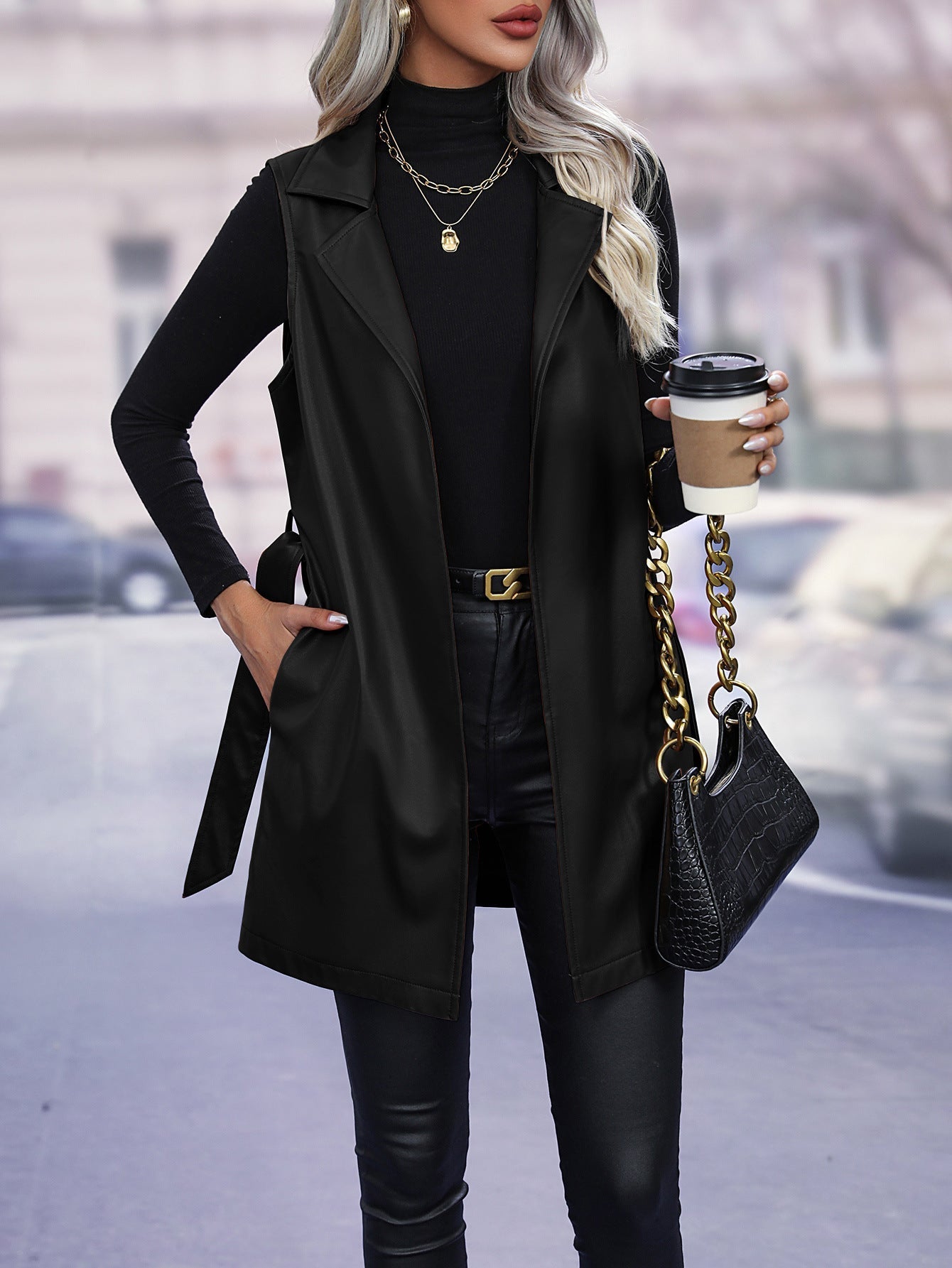 Dress Leather Look Waist Belt Sleeveless Oversized
