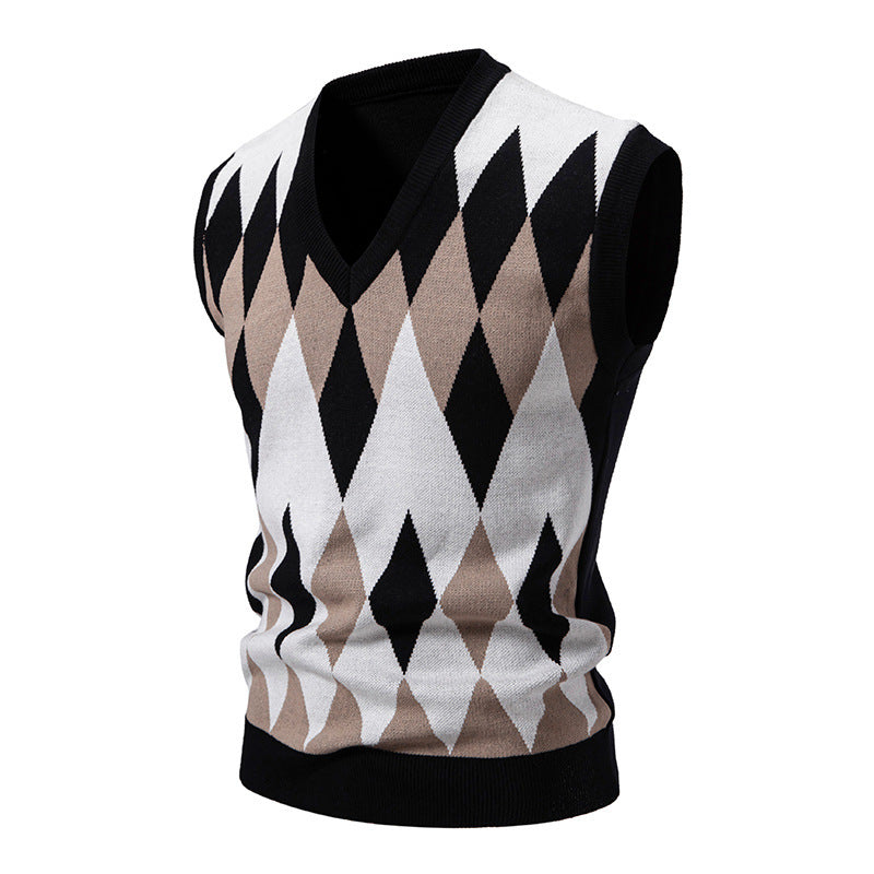 Men's Knitted Sleeveless Elegant Diamond Pattern Sweater