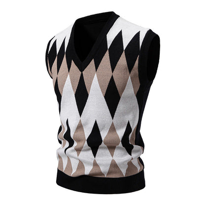 Men's Knitted Sleeveless Elegant Diamond Pattern Sweater