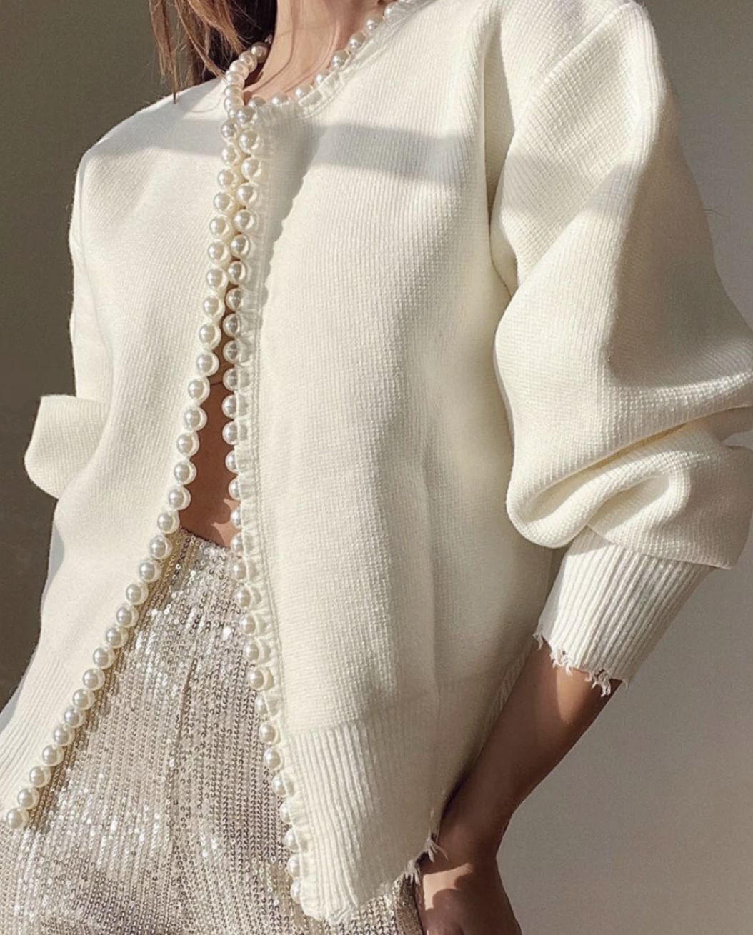 Women's Open Cardigan with Pearl Embellishment Elegant Design