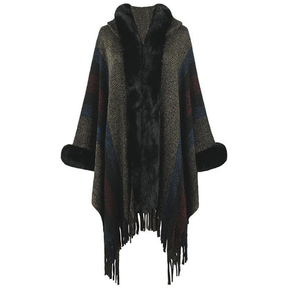 Women's Long Poncho Luxury Faux Fur Collar