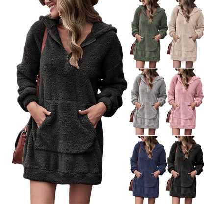 Damen Fleece Kleid Kapuze Taschen Soft Winterkleid - IdealeKleiden