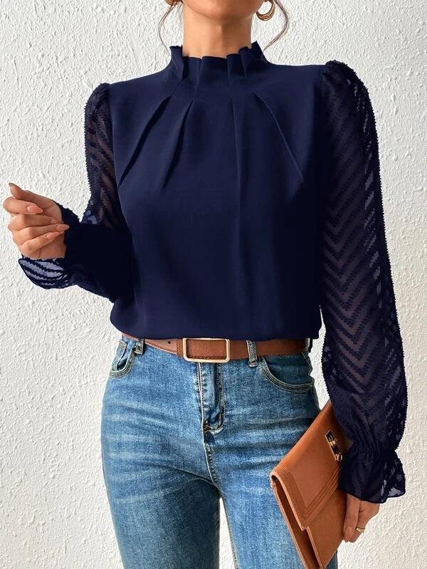 Elegant Blouse for Women Pleated Collar Sheer Sleeves