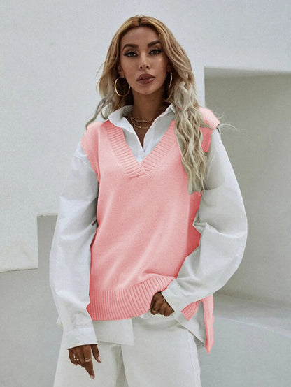 Women's Knitted Vest V-Neck Wide Rib Knit