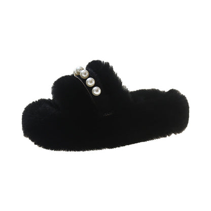 Women's Plush Soft Slippers with Pearl Decor