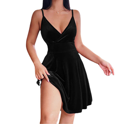 Women's Luxury Velvet Dress A-Line Deep V-Neck