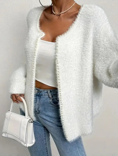 Soft Women's Cardigan with Pearl Buttons and Loose Fit