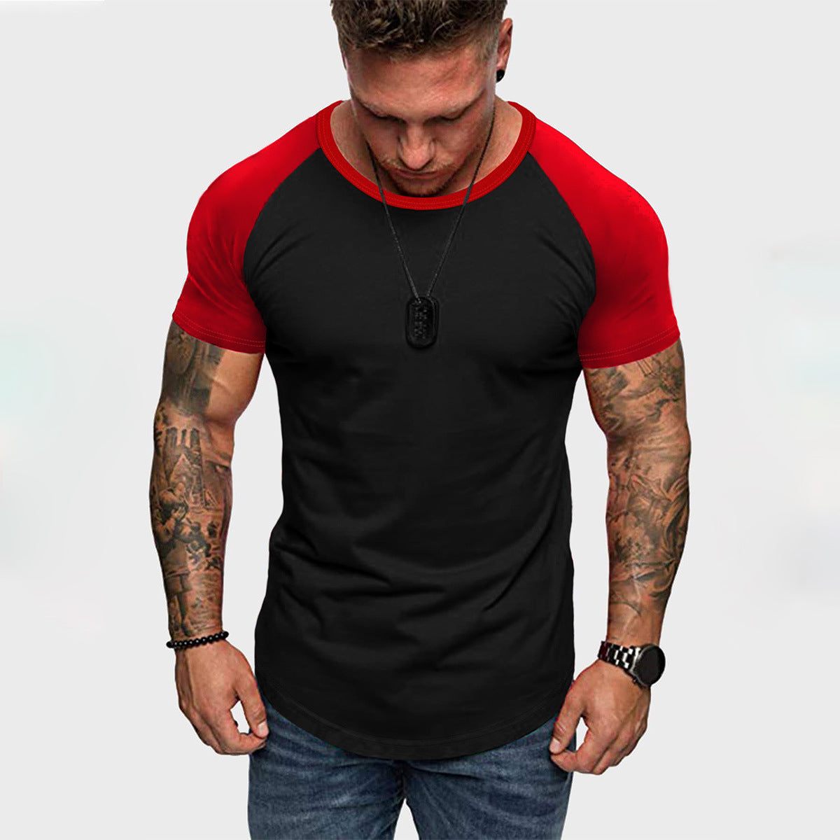 Herren Rundhals-Shirt Slim Fit Kontrast Ärmel
