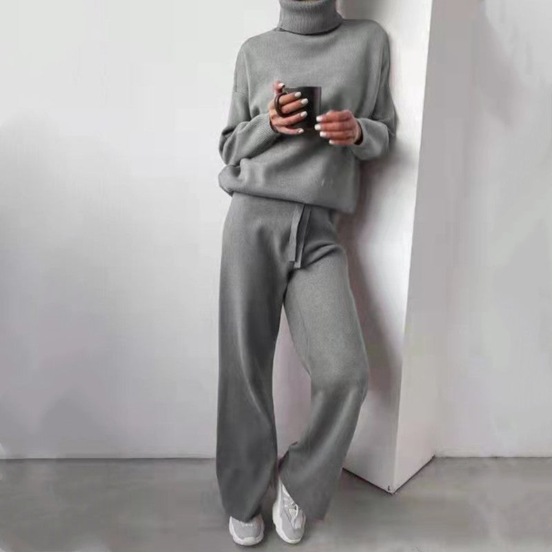 Women's Elegant High-Neck Knitted Wide-Leg Suit