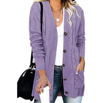 Women's Chunky Knit Cardigan with Buttons and Pockets
