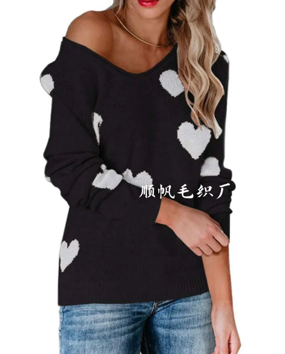 Damen Weihnachtspullover Herz Muster Festlich
