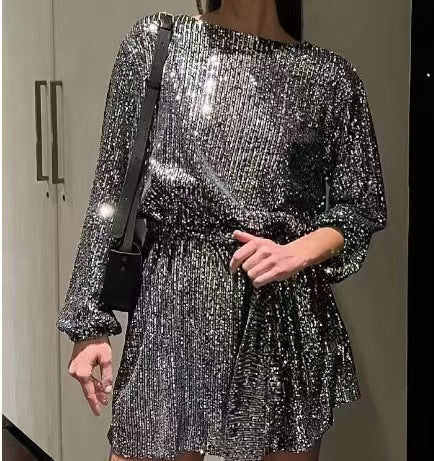 Sparkly Mini Dress for Women, Elegant, Long-Sleeved