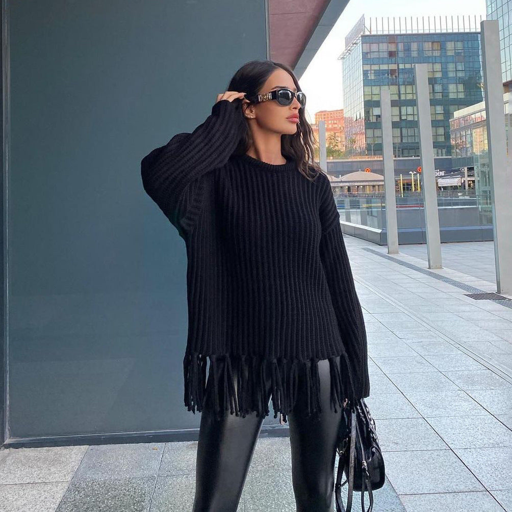 Oversized Rib-Knit Wool Dress with Fringe Detail