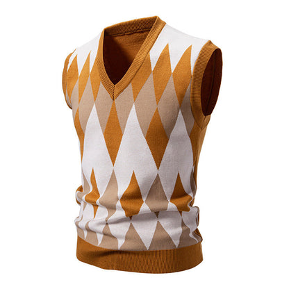 Men's Knitted Sleeveless Elegant Diamond Pattern Sweater