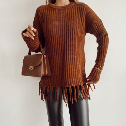 Oversized Rib-Knit Wool Dress with Fringe Detail