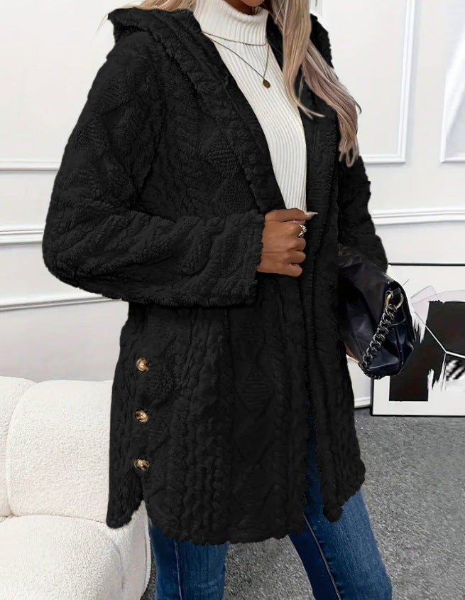 Kochmode Strickjacke Fleece Kapuze Bequem Mittellang - IdealeKleiden