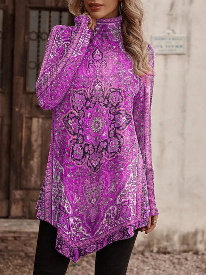 Women's Tunic Floral Pattern High Collar
