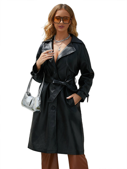 Elegant Women's Leather Trench Coat Belt