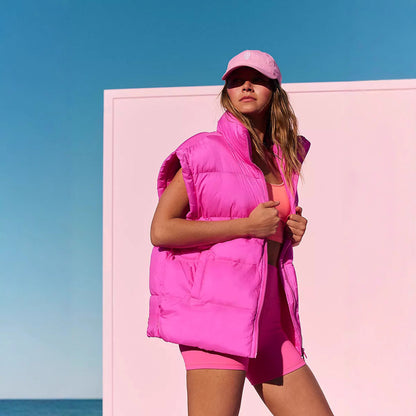 Damen Steppweste Wollige Winterjacke Mit Kragen Und Taschen - IdealeKleiden