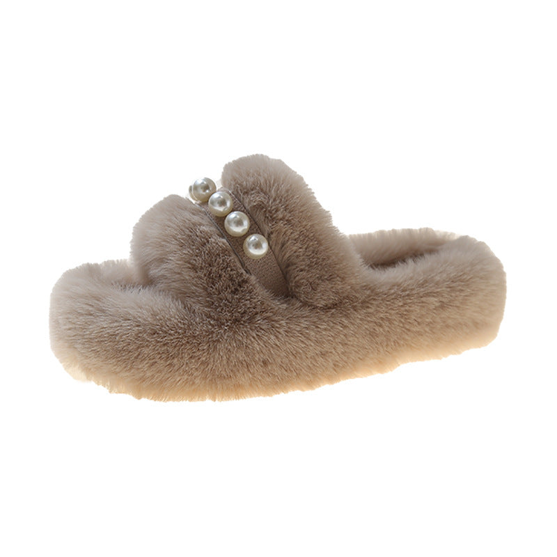 Women's Plush Soft Slippers with Pearl Decor