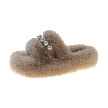 Women's Plush Soft Slippers with Pearl Decor