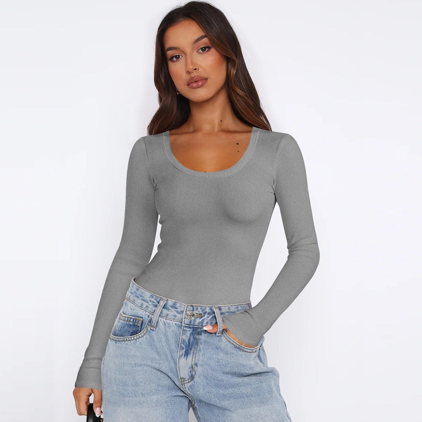 Women's Long-Sleeve Top Fine Ribbed Crew Neck Elegant