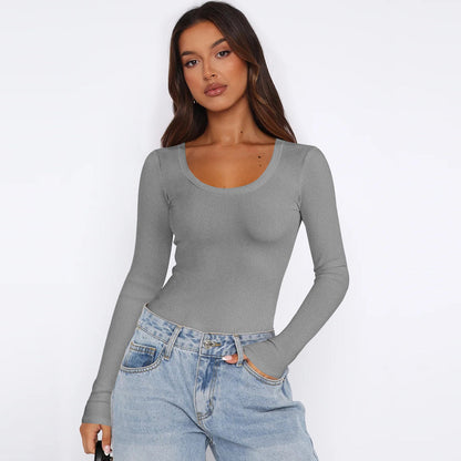 Women's Long-Sleeve Top Fine Ribbed Crew Neck Elegant