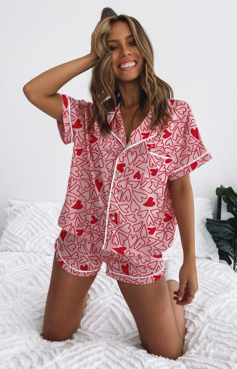 Women's Short Sleeve Bow Print Pajama Set Cute