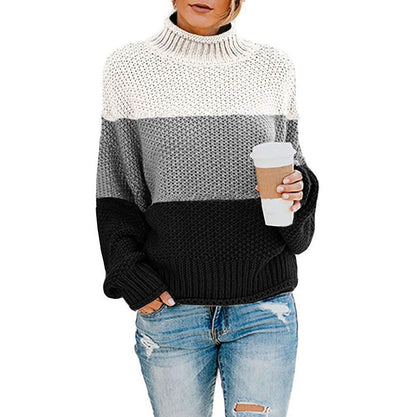 Women's Sweater Chunky Knit High Collar Modern Color Block